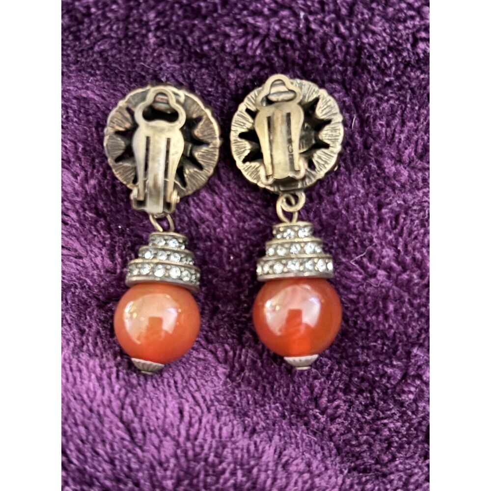 Vintage Carnelian Bead Drop and Crystal Clip On Earrings - Picture 4 of 4